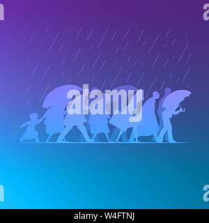 People walking in the rain. Rainy day in autumn season. Man, woman and kid silhouette characters vector flat illustration. Stock Vector