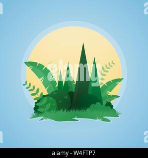 Vector illustration of tropical rainforest landscape tropical plants and trees. Vector design of tropical little island sunset landscape. Stock Vector