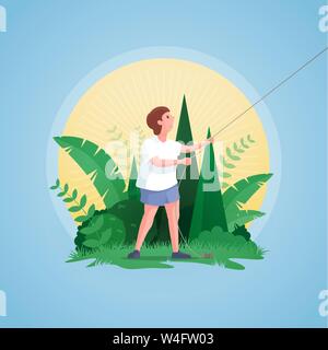 Full length profile drawing of a little boy flying kite. Vector illustration. Stock Vector