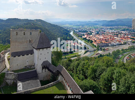 A part of Celje Uper Castle (Old Celje Castle) and old part of the Celje town in the background , viewed from highest tower. Celje, Slovenia. Stock Photo