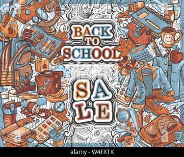 A poster on the theme Back to school , Sale . The text is framed by stripes from a variety of objects office supplies, school uniforms, shoes, food an Stock Vector