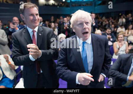 Jeremy Hunt (left) and Boris Johnson at the Queen Elizabeth II Centre in London where Mr Johson was announced as the new Conservative party leader, and will become the next Prime Minister. Stock Photo