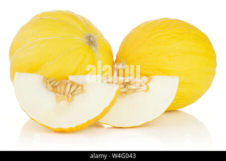 Group of two whole two slices of fresh yellow melon canary with seeds isolated on white background Stock Photo