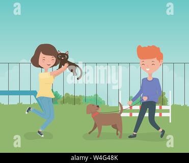 young couple with cute little dog and cat in the field vector illustration design Stock Vector