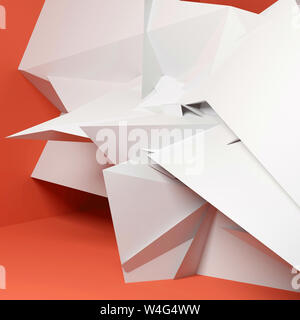 Abstract chaotic white polygonal structure in empty red room interior, square 3d rendering illustration Stock Photo