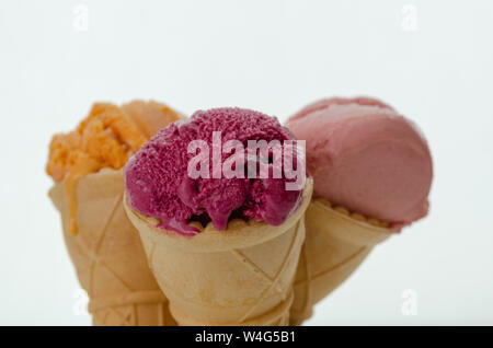 Set of ice cream in waffle cone on white background,shallow depth of field Stock Photo