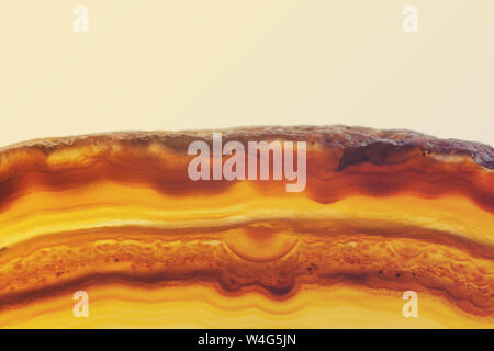 Abstract background, brown and orange striped agate slice mineral cross section magenta toned on white background Stock Photo