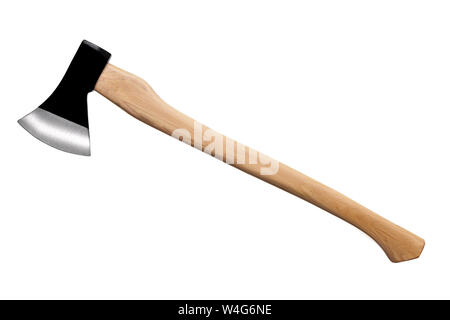 black ax with wooden handle isolated on white background Stock Photo
