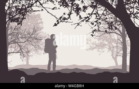 Realistic illustration of a man tourist with a backpack. Standing in forest among trees with branches under retro sky - vector Stock Vector