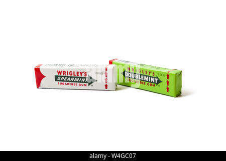 Chisinau, Moldova - July 21, 2019: Doublemint and Spearmint chewing gums made by Wrigley isolated on white with clipping path Stock Photo
