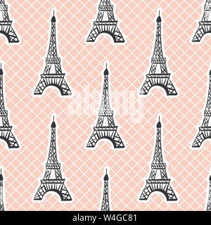 Eiffel tower seamless pattern in white pink grid background. Vector Girlish surface design. Stock Vector