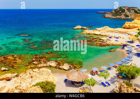 Sea skyview landscape photo of picturesque beach near Stegna and Archangelos on Rhodes island, Dodecanese, Greece. Panorama with sand and clear blue w Stock Photo