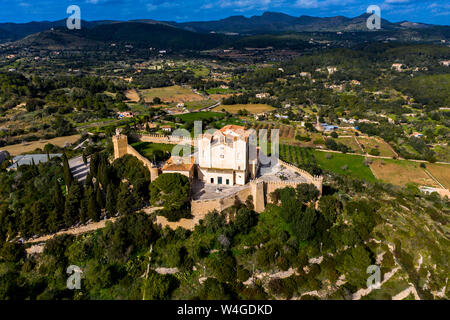 Aerial view of pigrimage church Santuari de Sant Salvador, Arta, Majorca, Spain Stock Photo