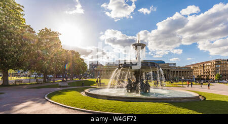 Palace square with fountain in front of Koenigsbau, Stuttgart, Germany Stock Photo