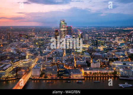 Aerial view of City of London at sunset, United Kingdom