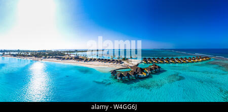 Aerial view of construction site of water bungalows, South Male Atoll, Maledives Stock Photo