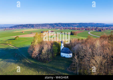 Aerial view of Chapel St. Georg, Ascholding near Dietramszell, Upper Bavaria, Germany Stock Photo