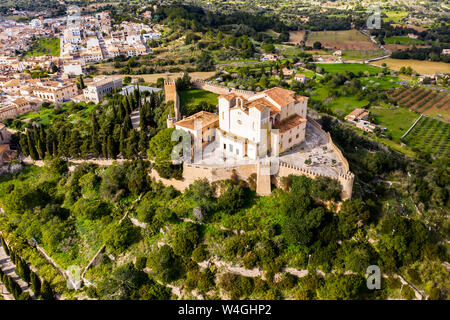 Aerial view of pigrimage church Santuari de Sant Salvador, Arta, Majorca, Spain Stock Photo