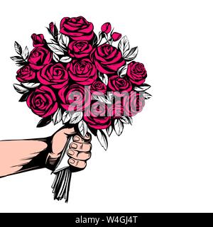 hand gives a bouquet of flower roses, greeting card hand drawn vector illustration realistic sketch Stock Vector