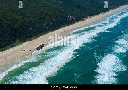 Aerial of the 75 mile beach and Mahona II shipwreck, Fraser Island, Queensland, Australia