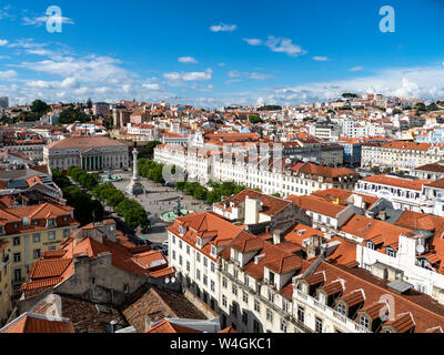 View over the city with Rossio Square and Dom Pedro IV monument, Lisbon, Portugal Stock Photo