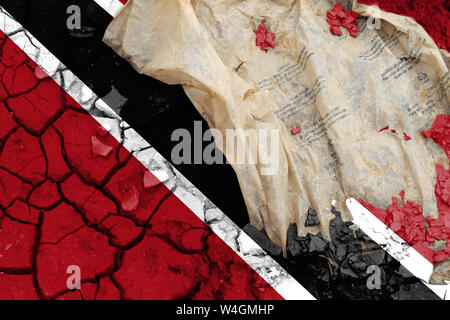 The flag of Trinidad and Tobago, the flag is depicted on cracked earth. Ecology concept with environmental pollution from household and industrial was Stock Photo