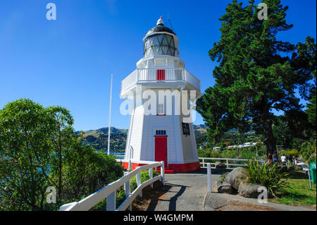 Lighthouse in Akaroa, Banks Peninsula, South Island, New Zealand Stock Photo