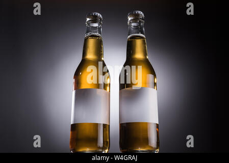 low angle view of two glass bottles with beer and labels on dark background with back light Stock Photo