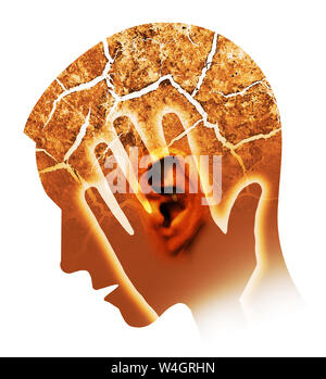 Man with cracked ear and head, symbolizing tinnitus and ear problems. Male head stylized profile. Photomontage with dry cracked earth. Concept symbol Stock Photo