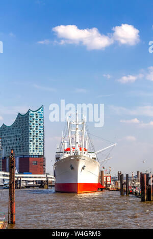 View to Elbe Philharmonic Hall with Cap San Diego ship in the foreground, Hamburg, Germany Stock Photo