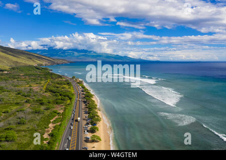 Aerial view over West Maui Mountains, Pacific Ocean and the coast along the Hawaii Route 30, Maui, Hawaii, USA Stock Photo