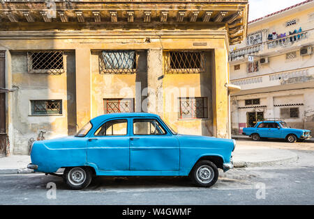 Parked blue vintage car, Havana, Cuba Stock Photo