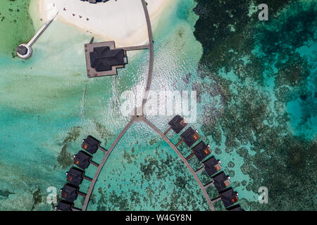 Overhead view to water bungalows at Olhuveli, South Male Atoll, Maldives Stock Photo