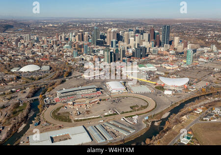 Aerial view of the city of Calgary, Alberta Canada featuring the Saddledome and Stampede grounds. Stock Photo
