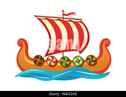Drakkar - Scandinavian longship of Vikings - Vector colorful Cartoon icon illustration for Travel tour agency. Stock Vector