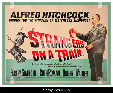 UK vintage poster for the Hitchcock film thriller 'Strangers On A Train' (1951), the poster for the 1958 re-release. The poster shows Hitchcock teasingly playing with the film title to amend the text to 'Stranglers'. Hitchcock not only frequently appeared in cameo roles in his own films but is also often featured himself in the subsequent poster designs. Stock Photo