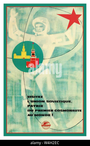 Vintage 1960's Intourist Soviet travel poster promoting tourism in Soviet Union in French to France, featuring cosmonaut in a space suit with a red star above and a skyscraper and the Moscow Kremlin inside a dark green circle and the Intourist logo in red with the message below in bold black letters: 'Visit the Soviet Union' - 'The country of the world’s first spaceman!' / Visitez L'Union Sovietique Patrie Du Premier Cosmonaute Au Monde! Founded in 1929, Intourist was the official state travel agency of the USSR / Soviet Union. The Soviet pilot and cosmonaut Yuri Gagarin (1934-1968) Stock Photo