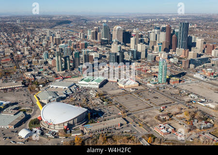 Aerial view of the city of Calgary, Alberta Canada featuring the Saddledome and Stampede grounds. Stock Photo