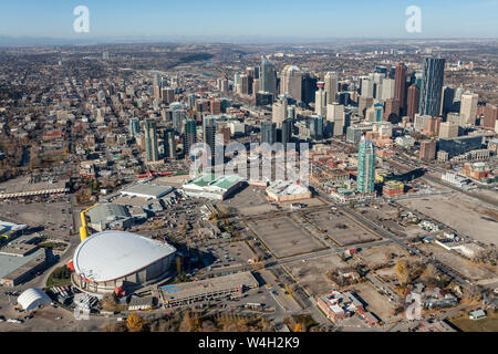 Aerial view of the city of Calgary, Alberta Canada featuring the Saddledome and Stampede grounds. Stock Photo