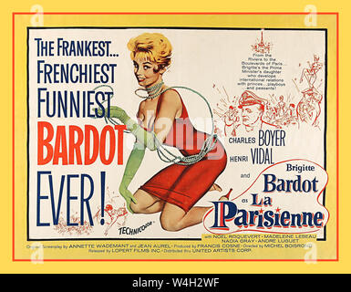 BARDOT LA PARISIENNE 1950’s USA vintage movie cinema film poster for the French comedy 'La Parisienne', released in America in 1958. The poster presents a coquettish image of the star Brigitte Bardot, also with Charles Boyer Henri Vidal Directed by Michel Boisrond Stock Photo