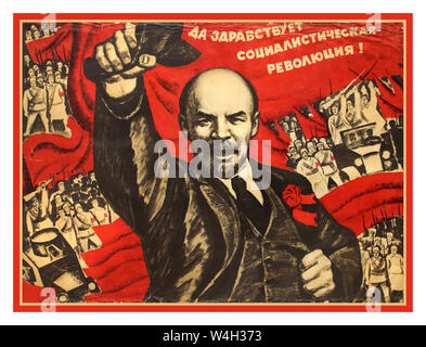 LENIN  1900's Vintage Soviet Revolution propaganda poster featuring Lenin holding out his cap and moving forward against red background with groups of Soviet Russian soldiers in uniform and holding rifles behind him, the text above : 'Long Live the Socialist Revolution!'   Russia, designer: Vladimir Kalensky , Stock Photo