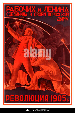 Vintage Soviet 1905 Vladimir Lenin Marxist Russian Socialist Revolution   Propaganda poster - Revolution of 1905 has Joined Workers with Lenin in Gunpowder Smoke. Russia, Vladimir Ilyich Ulyanov, better known by his alias Lenin, was a Russian revolutionary, politician, and political theorist. He served as head of government of Soviet Russia from 1917 to 1922 and of the Soviet Union from 1922 to 1924 Stock Photo