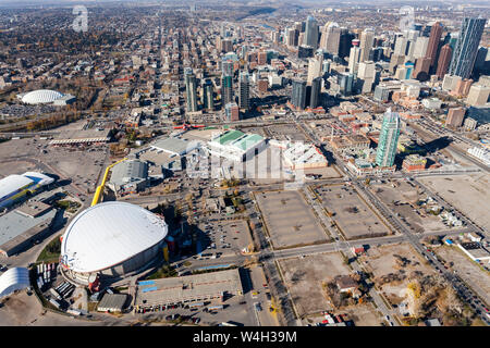 Aerial view of the city of Calgary, Alberta Canada featuring the Saddledome and Stampede grounds. Stock Photo