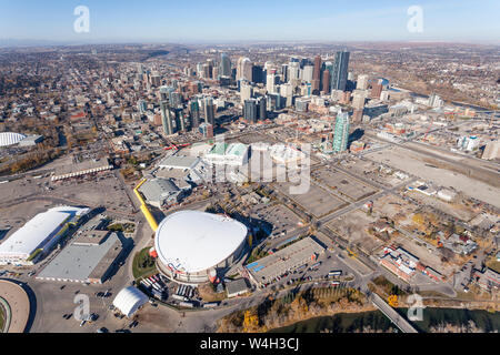 Aerial view of the city of Calgary, Alberta Canada featuring the Saddledome and Stampede grounds. Stock Photo