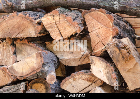 Pile of stacked triangle firewood prepared for fireplace and boiler. Background with pile of firewoods. Closeup of firewoods in the yard - pile of cho Stock Photo