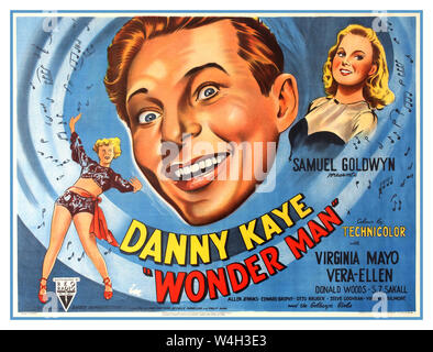 1940's vintage film poster for Wonder Man - a 1945 musical film starring Danny Kaye and Virginia Mayo - It is based on a short story by Arthur Sheekman and directed by H. Bruce Humberstone. Wonder Man, the 1945 H. Bruce Humberstone mistaken identity romantic musical crime Donald Woods, S.Z. Sakall, Allen Jenkins, Edward Brophy, Otto Kruger, Steve Cochran, Virginia Gilmore, and the Goldwyn Girls. fantasy comedy Stock Photo
