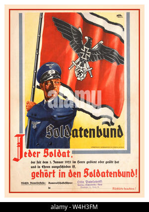 Vintage 1930's Propaganda Poster Nazi Germany 'Every soldier belongs in the soldiers' union' Nazi propaganda poster - Soldatenbund poster featuring illustration of a Nazi soldier waving a red flag with a swastika and Reichsadler symbol on it. Ink stamp with the name of Otto Pawlowski and address in Berlin.Germany, 1930s, designer: Witte, Stock Photo