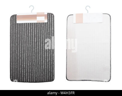 Carpet on White Hanger Isolated on White Background, Front and Back. Grey Door Mat with Striped Repeated Horizontal Object with Clipping Path. Modern Stock Photo