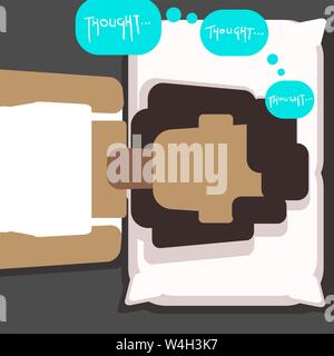 Asian girl lying in bed thinking or contemplation with thought bubbles rising from her head covered bya a blanket laying on a bid with a plillow Stock Vector