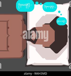 Black man lying in bed on pillow thinking Stock Vector